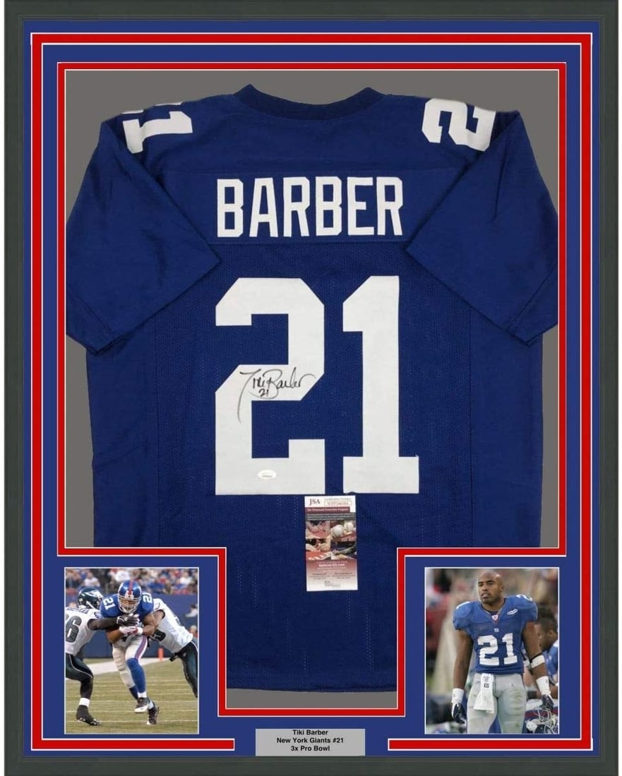 Tiki Barber Signed Framed Blue New York Giants Jersey JSA 35x39 (1 of 2)