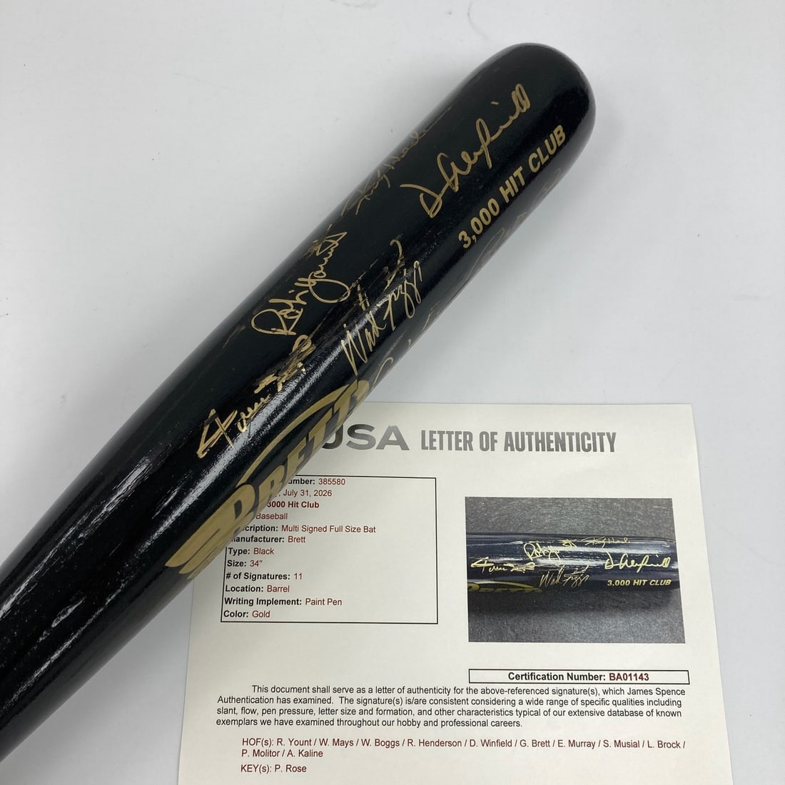 JSA COA 3000 Hit Club Signed Baseball Bat Willie Mays Collection: JSA COA 3000 Hit Club Signed Baseball Bat Willie Mays Collection Original 3,000 Hit Club multi-signed baseball bat from the Willie Mays Collection. This black Brett model bat features "3,000 Hit Club 