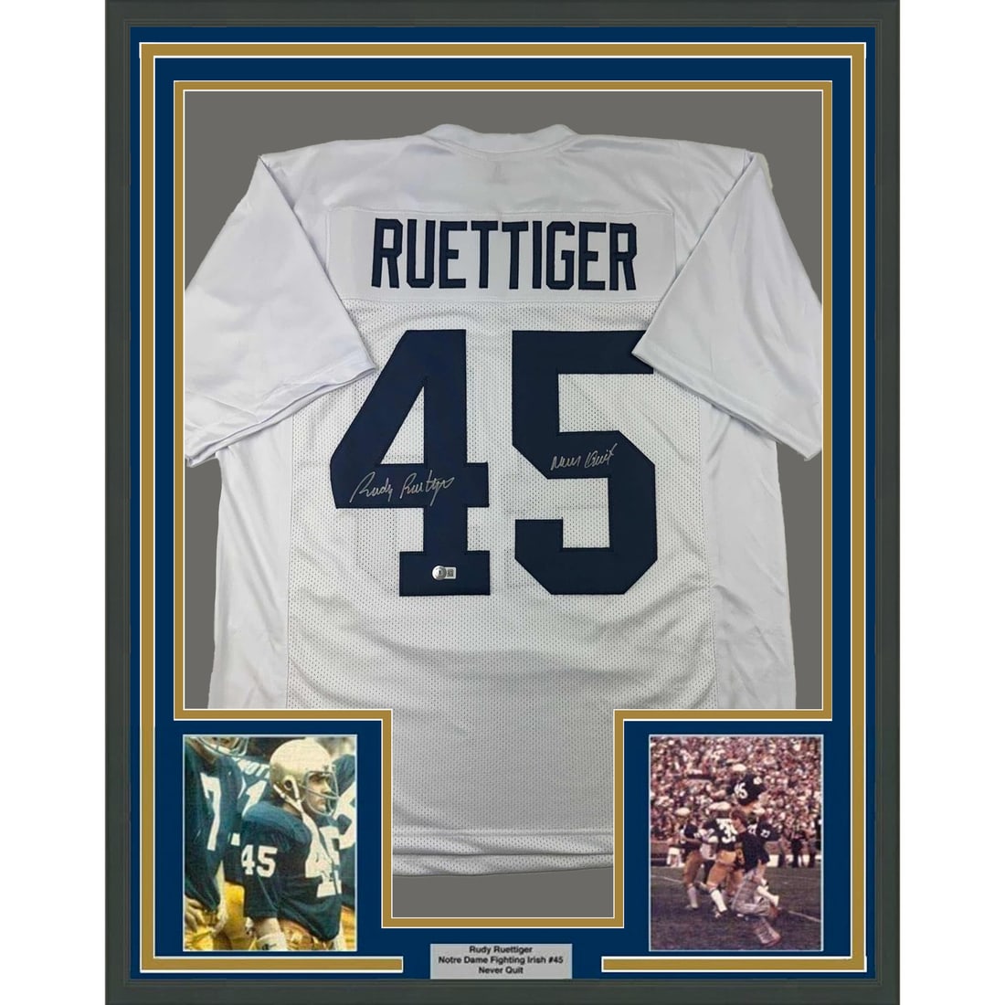 Framed Autographed Rudy Ruettiger Notre Dame Jersey JSA COA 35x39: Framed Autographed Rudy Ruettiger Notre Dame Jersey JSA COA 35x39 This framed display features an autographed Rudy Ruettiger white jersey from the Notre Dame Fighting Irish, a true collectible for spo