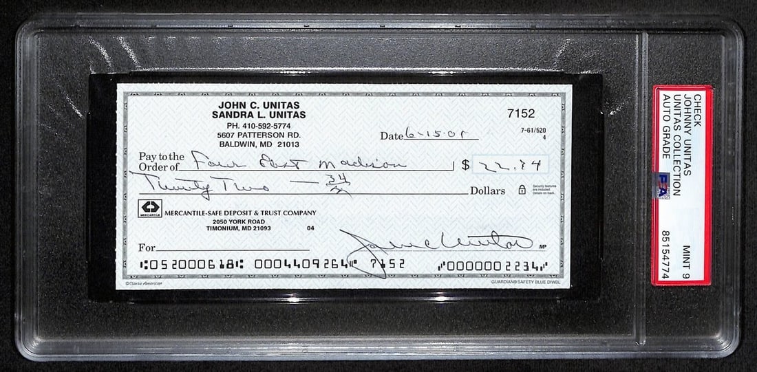 Johnny Unitas Signed 2001 Bank Check Colts PSA/DNA MINT 9: Johnny Unitas Signed 2001 Bank Check Colts PSA/DNA MINT 9 This offering features an original, autographed 2001 bank check signed by Johnny Unitas, a Hall of Fame quarterback for the Baltimore Colts. T