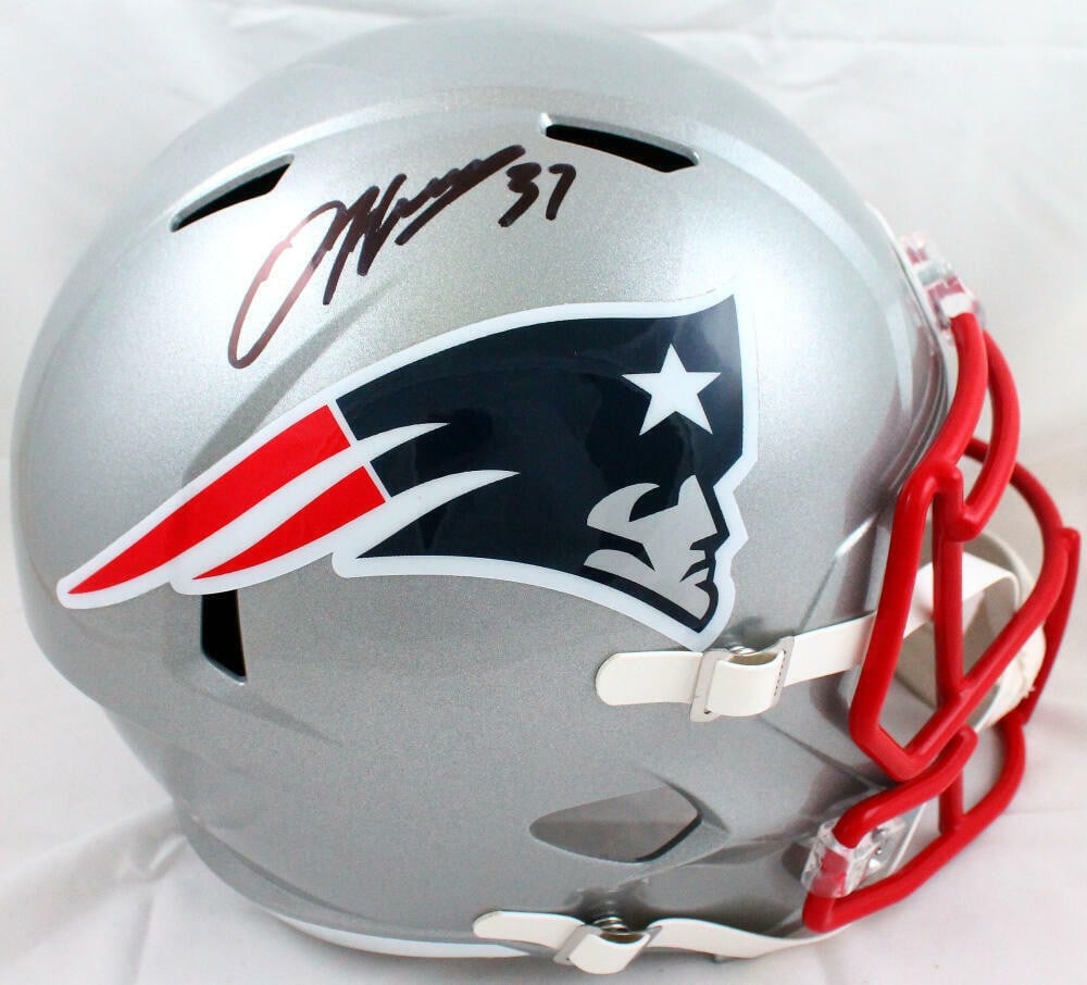 Damien Harris signed Patriots full size speed helmet Beckett holo: Damien Harris signed Patriots full size speed helmet Beckett holo This full-size New England Patriots Speed helmet features the authentic signature of Damien Harris. The autograph is verified by Becke
