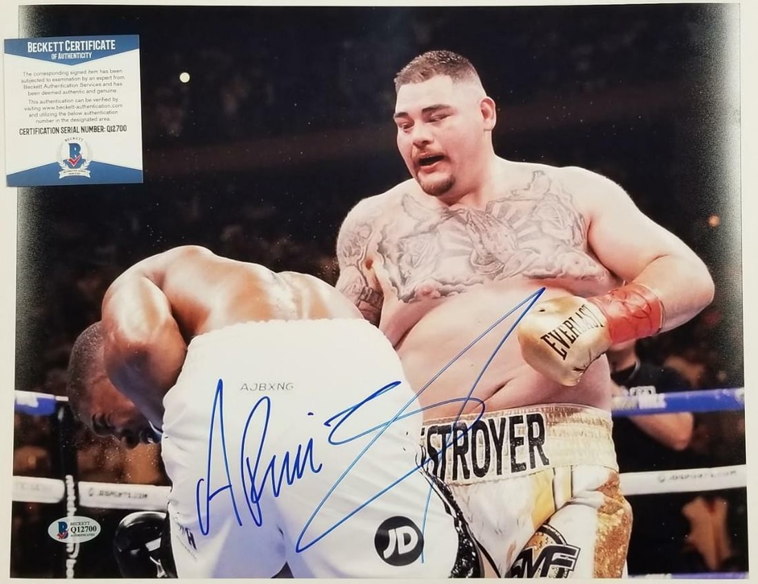 Andy Ruiz Jr signed 11x14 boxing photo with Beckett BAS certificate: Andy Ruiz Jr signed 11x14 boxing photo with Beckett BAS certificate This is an original 11x14 photo featuring Andy Ruiz Jr in his bout against Anthony Joshua, autographed by Andy Ruiz Jr. The photo is
