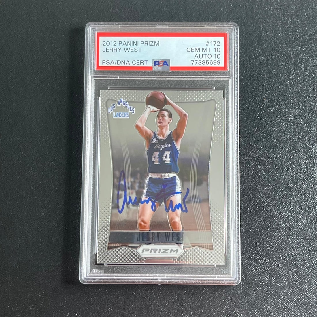 PSA 10 Jerry West autographed 2012-13 Panini Prizm card 172: PSA 10 Jerry West autographed 2012-13 Panini Prizm card 172 2012-13 Panini Prizm #172 sports trading card featuring Jerry West, authenticated and encapsulated by PSA/DNA. This original basketball card