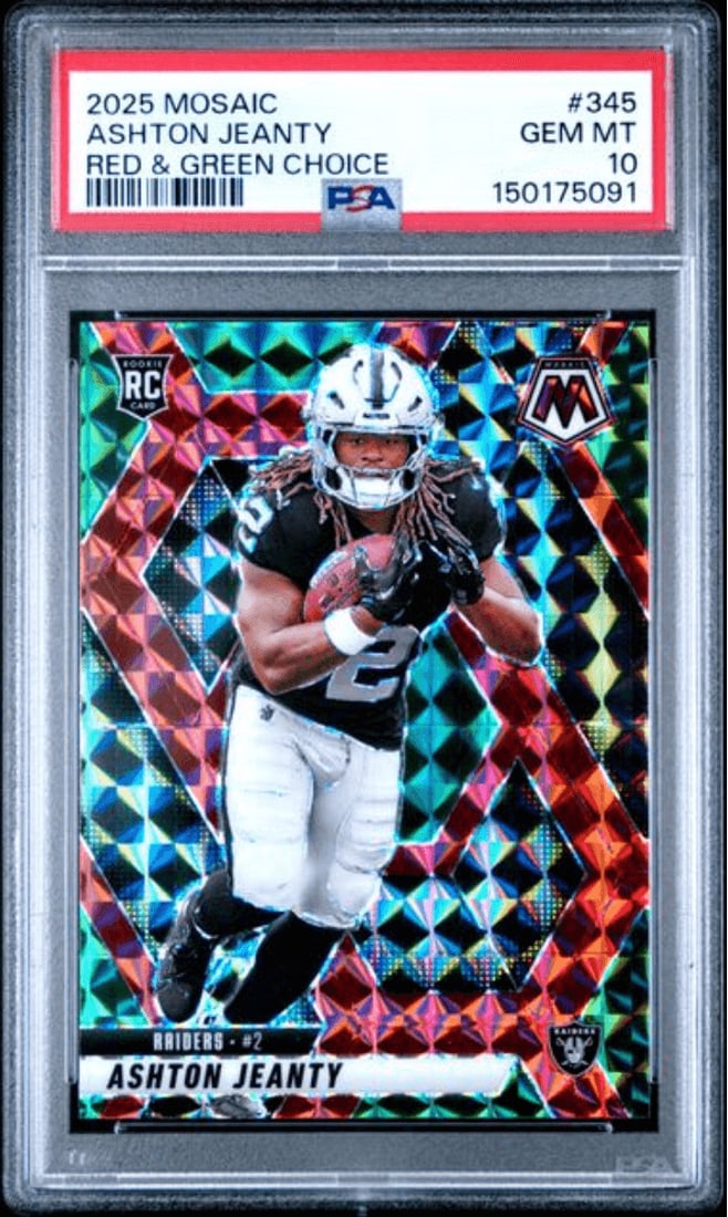 PSA 10 Ashton Jeanty 2025 Panini Mosaic #345 Red Green Choice Rookie Card: PSA 10 Ashton Jeanty 2025 Panini Mosaic #345 Red Green Choice Rookie Card Graded 2025 Panini Mosaic Ashton Jeanty #345 Red & Green Choice rookie football card. This pre-owned sports trading card is en