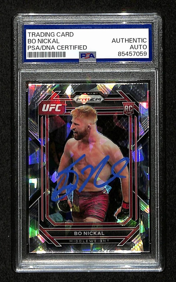 Bo Nickal Signed 2023 UFC Panini Prizm Rookie Card #103 PSA/DNA Authenticated: Bo Nickal Signed 2023 UFC Panini Prizm Rookie Card #103 PSA/DNA Authenticated This is an original Bo Nickal signed 2023 UFC Panini Prizm Rookie RC Card #103, authenticated by PSA/DNA. The card comes e