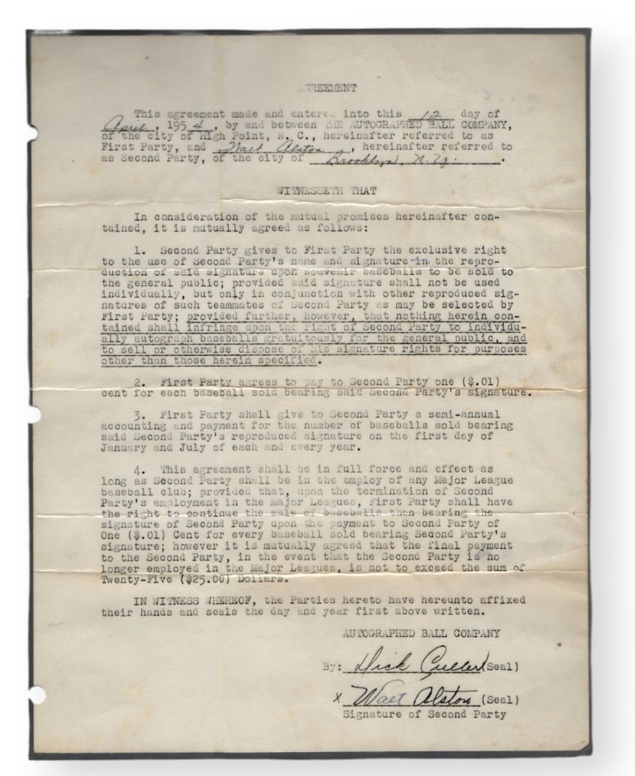 Walt Alston Signed Dodgers Contract 1954 Beckett Authenticated: Walt Alston Signed Dodgers Contract 1954 Beckett Authenticated This is an original contract signed by Walt Alston, the legendary manager of the Brooklyn Dodgers. The contract has been authenticated by