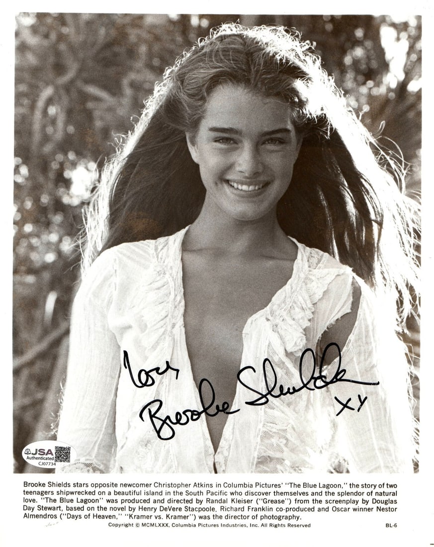 8x10 Promotional Photograph Signed by Brooke Shields JSA Authenticated: 8x10 Promotional Photograph Signed by Brooke Shields JSA Authenticated This is an original 8x10 promotional photograph from The Blue Lagoon, personally signed by Brooke Shields. The autograph is authe