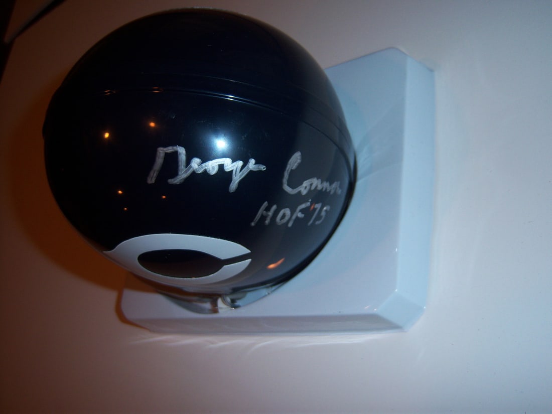 Signed Chicago Bears mini helmet George Connor HOF COA: Signed Chicago Bears mini helmet George Connor HOF COA This is a pre-owned mini helmet signed by George Connor, a Hall of Fame linebacker for the Chicago Bears. The helmet is an original item and come