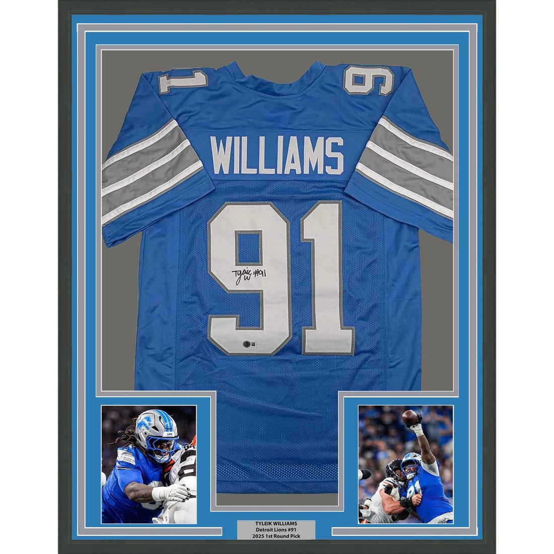Detroit Lions Tyleik Williams signed framed blue jersey 35x39 BAS COA: Detroit Lions Tyleik Williams signed framed blue jersey 35x39 BAS COA Professionally framed and matted blue Detroit Lions jersey signed by Tyleik Williams. This original autographed football display i