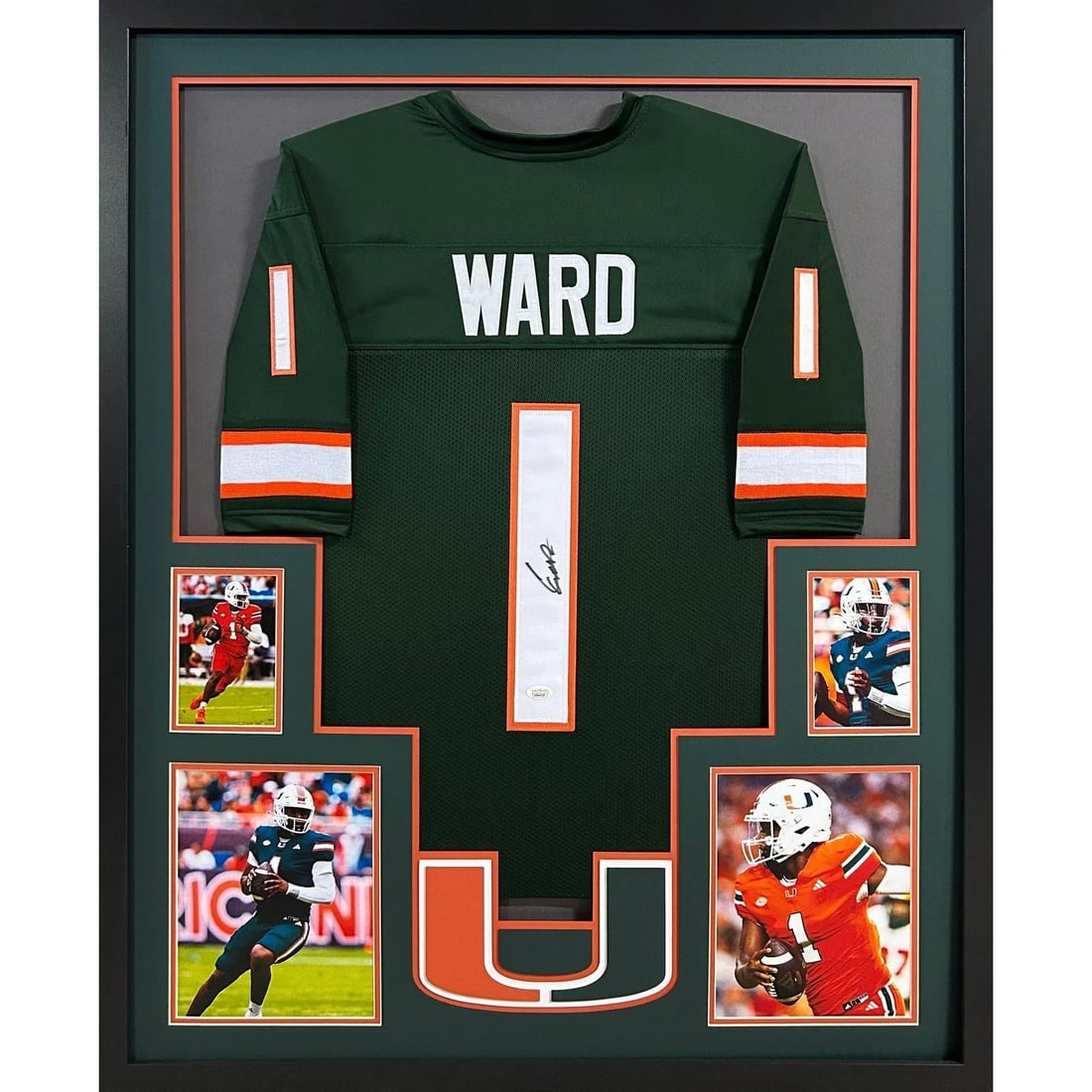 Framed Miami Hurricanes Jersey Signed by Cam Ward with JSA: Framed Miami Hurricanes Jersey Signed by Cam Ward with JSA Framed autographed Cam Ward Miami Hurricanes jersey with JSA authentication. This pre-owned display features detailed framing with a logo pre