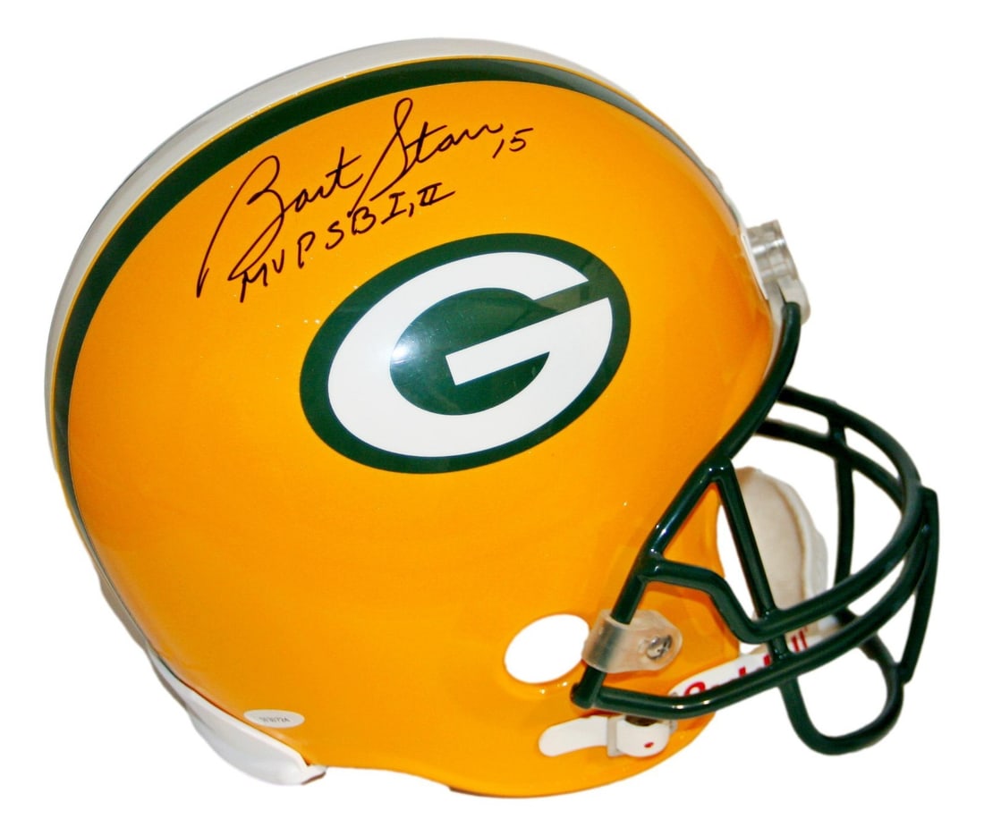 Green Bay Packers Full Size Helmet Signed by Bart Starr TRISTAR MVP SB I II: Green Bay Packers Full Size Helmet Signed by Bart Starr TRISTAR MVP SB I II Autographed full-size Green Bay Packers helmet signed by Bart Starr. This original football collectible includes TRISTAR aut