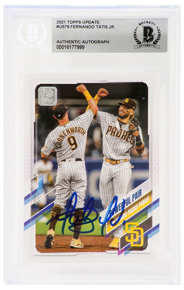 Beckett authenticated Fernando Tatis Jr 2021 Topps Update US79 Padres auto card: Beckett authenticated Fernando Tatis Jr 2021 Topps Update US79 Padres auto card Signed 2021 Topps Update baseball trading card #US79 featuring Fernando Tatis Jr. of the San Diego Padres. This pre-owne