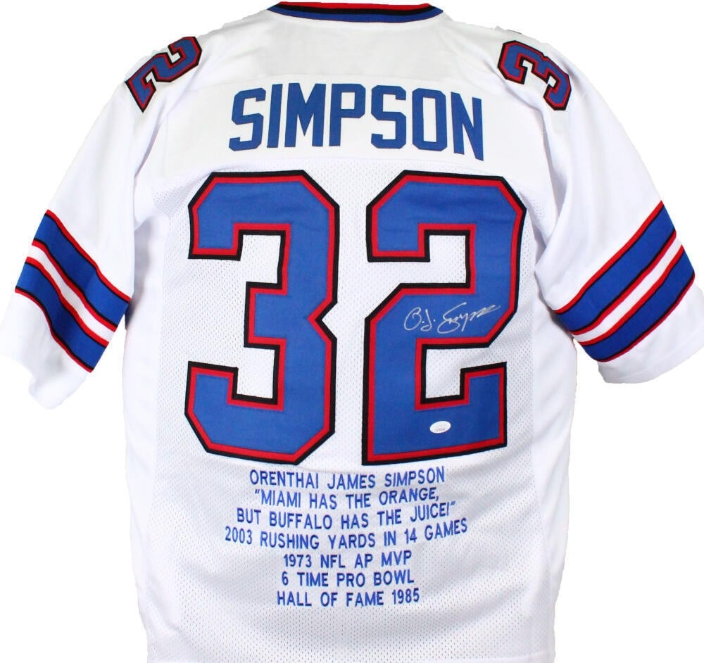 Buffalo Bills OJ Simpson Signed White STAT Football Jersey JSA: Buffalo Bills OJ Simpson Signed White STAT Football Jersey JSA This is an original autographed white pro style stat jersey featuring OJ Simpson and the Buffalo Bills. The jersey is pre-owned and was p