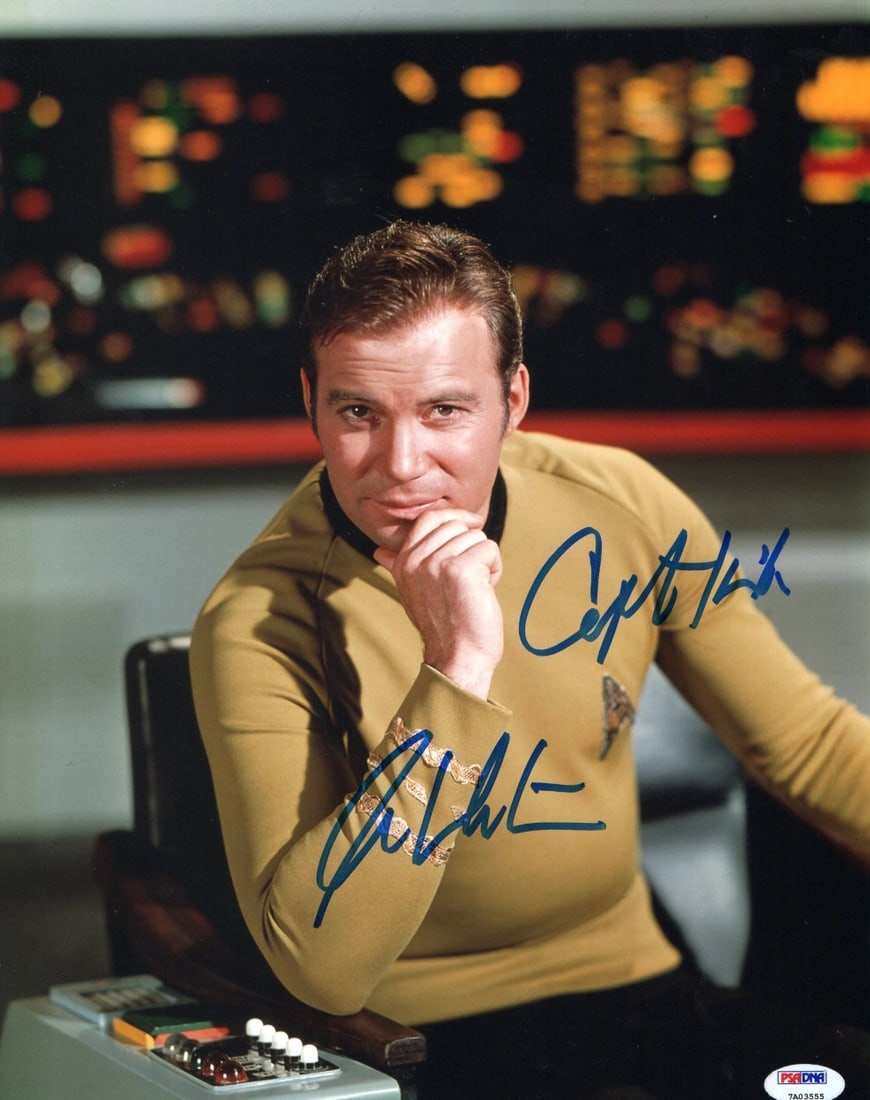 11X14 Signed William Shatner Star Trek Captain Kirk Photo PSA DNA: 11X14 Signed William Shatner Star Trek Captain Kirk Photo PSA DNA Original 11x14 photograph autographed by William Shatner, featuring a Star Trek "Captain Kirk" theme. The autograph is authenticated b