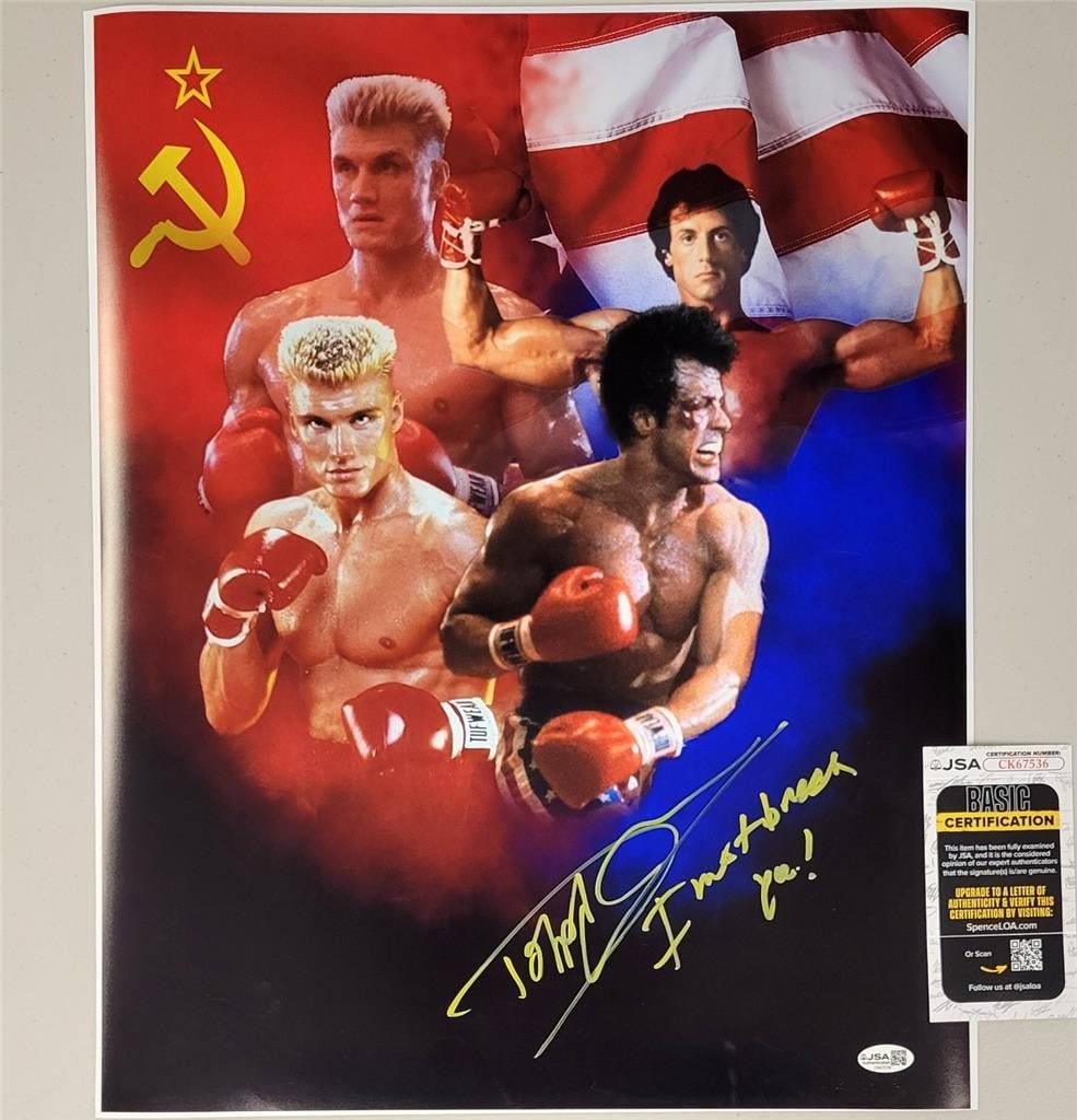 16x20 Rocky Photograph Autographed by Dolph Lundgren as Drago with JSA COA: 16x20 Rocky Photograph Autographed by Dolph Lundgren as Drago with JSA COA This original 16x20 photograph features Dolph Lundgren as Drago from the movie Rocky, signed with the inscription "I Must Bre