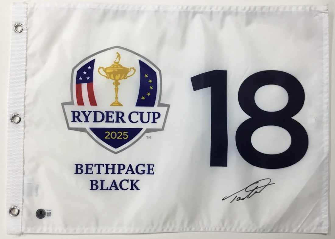Tommy Fleetwood Signed 2025 Ryder Cup Bethpage Black Flag Beckett Authenticated: Tommy Fleetwood Signed 2025 Ryder Cup Bethpage Black Flag Beckett Authenticated This official 2025 Ryder Cup Bethpage Black 18 pin flag is signed by PGA star Tommy Fleetwood. The signature has been au