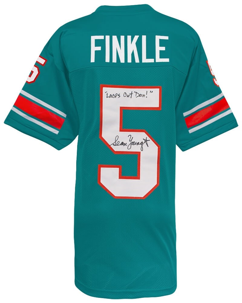 Sean Young autographed teal custom Ray Finkle jersey with inscription (1 of 2)