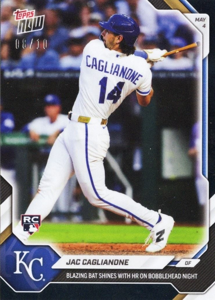 Topps Now 2026 Jac Caglianone RC #161 Black Foil /10: Topps Now 2026 Jac Caglianone RC #161 Black Foil /10 2026 Topps Now Jac Caglianone #161 Black Foil rookie baseball card. This pre-owned sports trading card features the Kansas City Royals player and i