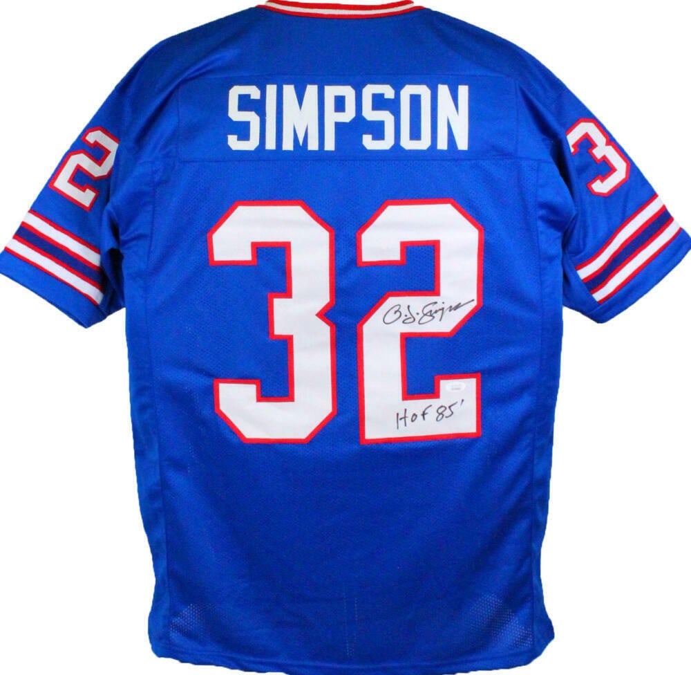 OJ Simpson signed Buffalo Bills blue pro style football jersey JSA HOF: OJ Simpson signed Buffalo Bills blue pro style football jersey JSA HOF This blue pro style jersey is autographed by OJ Simpson and features his Hall of Fame inscription. The jersey represents the Buff