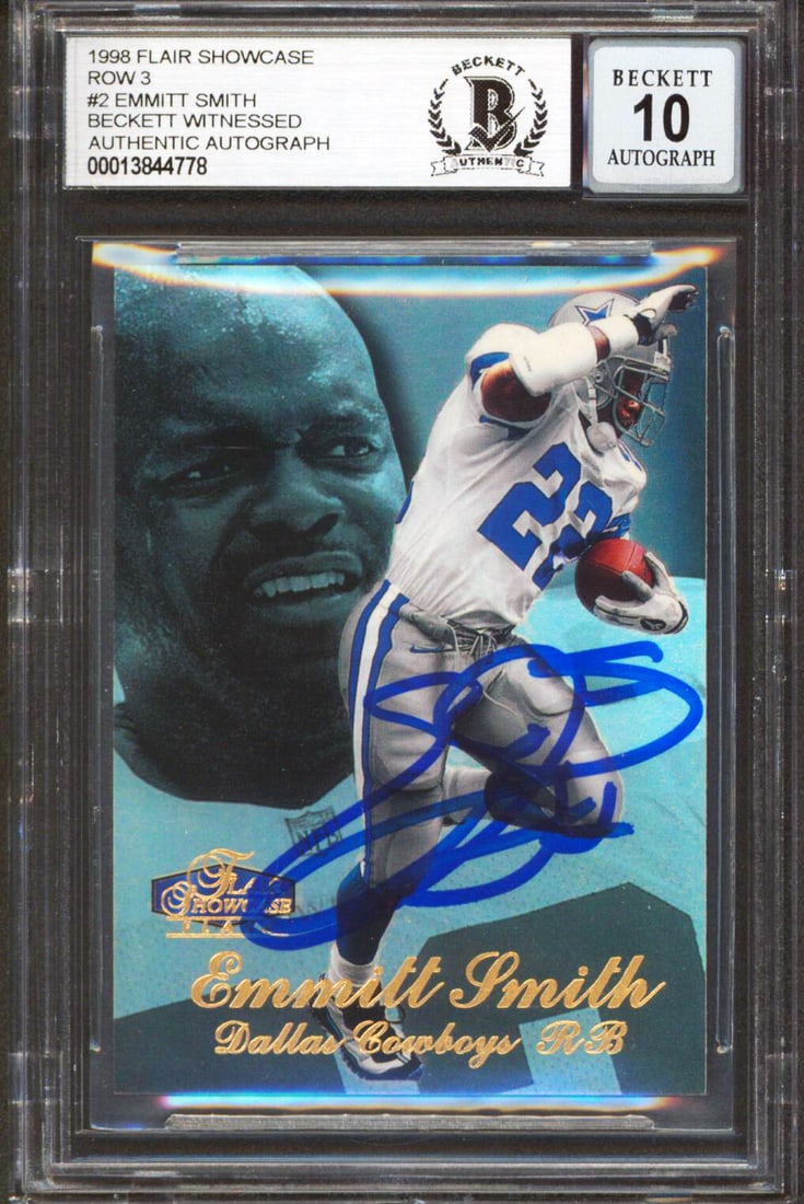Emmitt Smith Beckett 10 Auto 1998 Flair Showcase Row 3 Card Dallas Cowboys (1 of 2)