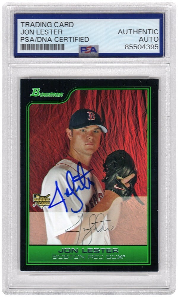 Jon Lester Signed 2006 Bowman Draft RC Card #BDP22 PSA Encapsulated: Jon Lester Signed 2006 Bowman Draft RC Card #BDP22 PSA Encapsulated This is a Jon Lester signed Boston Red Sox 2006 Bowman Draft rookie baseball trading card, numbered #BDP22. The card features the au