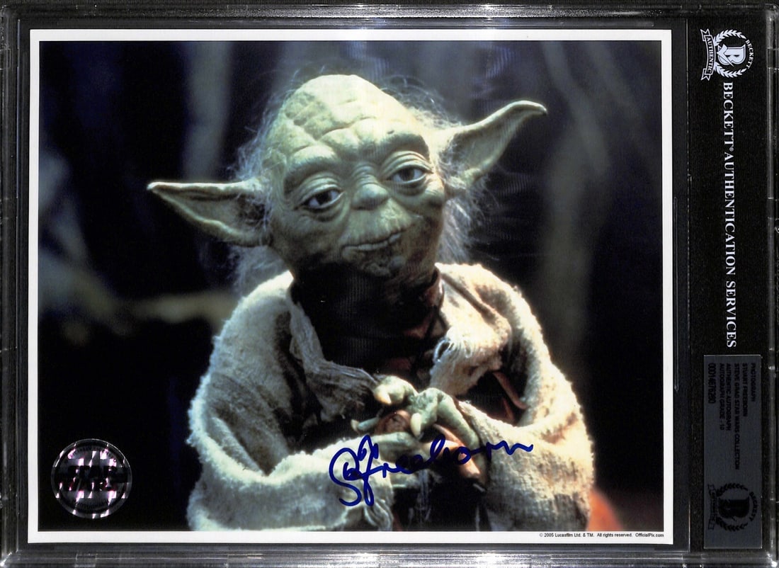 Signed 8x10 Yoda Photo Stuart Freeborn Beckett Auto Grade 10: Signed 8x10 Yoda Photo Stuart Freeborn Beckett Auto Grade 10 Original 8x10 photo signed by Stuart Freeborn, the creator of Yoda for Star Wars: The Empire Strikes Back. The autograph is authenticated b