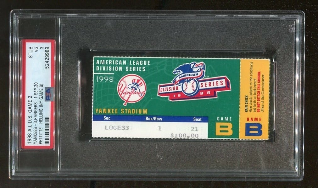 1998 ALDS Game 2 Yankees vs Rangers Andy Pettitte Ticket PSA 52429989: 1998 ALDS Game 2 Yankees vs Rangers Andy Pettitte Ticket PSA 52429989 This is an original 1998 ALDS Game 2 ticket featuring the New York Yankees against the Texas Rangers, with Andy Pettitte as the wi
