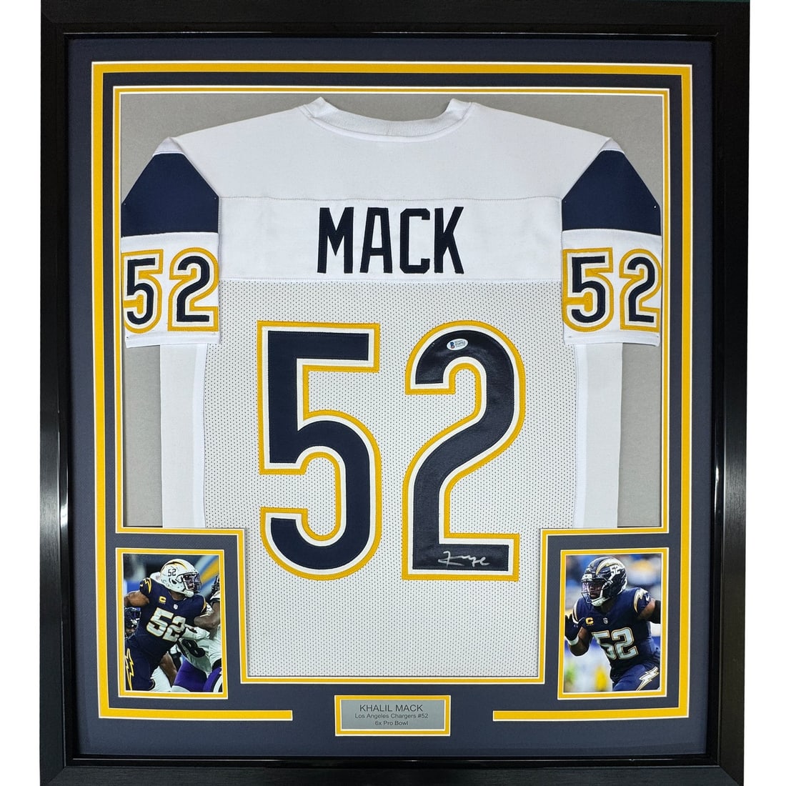Khalil Mack signed framed Chargers white jersey Beckett COA: Khalil Mack signed framed Chargers white jersey Beckett COA Professionally framed and matted white Los Angeles Chargers jersey signed by Khalil Mack. This original autographed football display include
