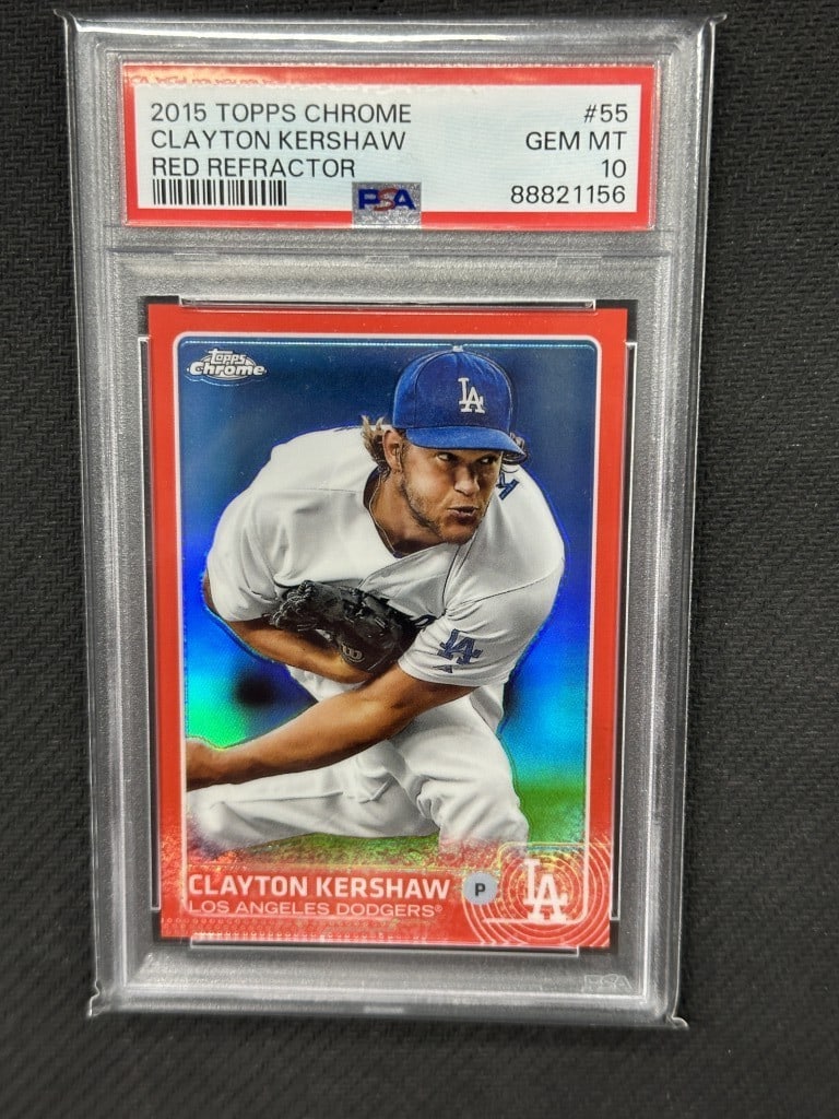 Clayton Kershaw 2015 Topps Chrome Red Refractor PSA 10 #55: Clayton Kershaw 2015 Topps Chrome Red Refractor PSA 10 #55 This is a 2015 Topps Chrome Red Refractor baseball card featuring Clayton Kershaw of the Los Angeles Dodgers. The card is serial numbered 5/5