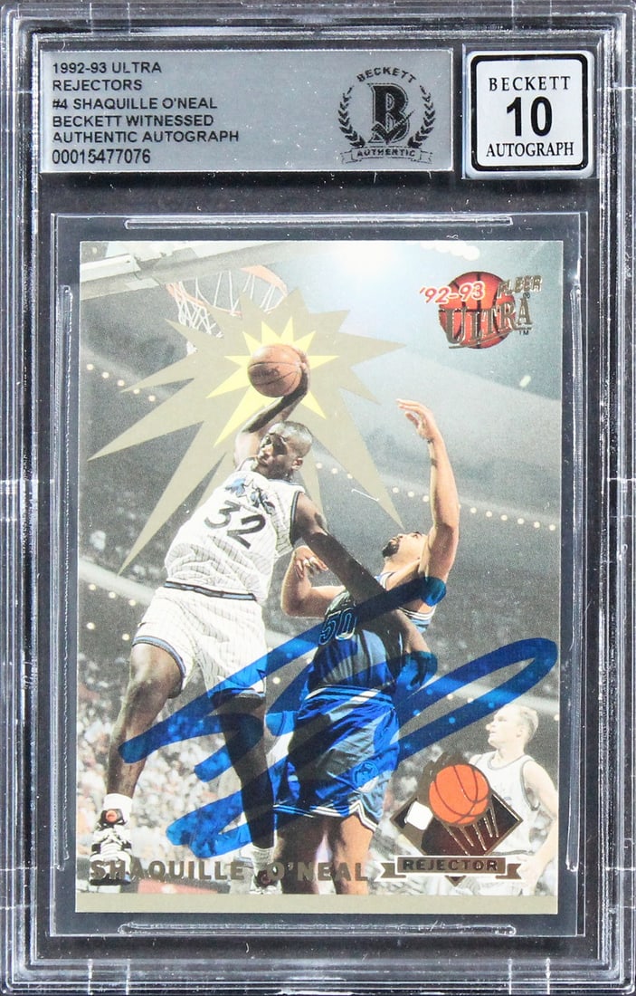 Shaquille O'Neal 1992 Ultra Rejectors #4 autographed BAS slabbed card: Shaquille O'Neal 1992 Ultra Rejectors #4 autographed BAS slabbed card This 1992 Ultra Rejectors #4 basketball card features a hand-signed autograph by Shaquille O'Neal of the Orlando Magic. The card i