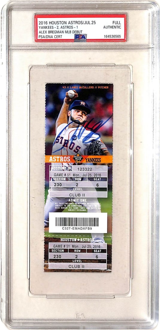PSA Signed Alex Bregman MLB Debut Ticket Stub Astros: PSA Signed Alex Bregman MLB Debut Ticket Stub Astros Original Alex Bregman autographed MLB Debut ticket stub from his Houston Astros appearance. This pre-owned baseball collectible is authenticated by