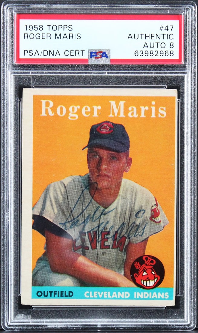 Roger Maris Signed 1958 Topps #47 Card PSA NM-MT 8 Yankees: Roger Maris Signed 1958 Topps #47 Card PSA NM-MT 8 Yankees This 1958 Topps #47 card, featuring Roger Maris, is a remarkable collectible for any baseball enthusiast. Personally signed by the legendary 
