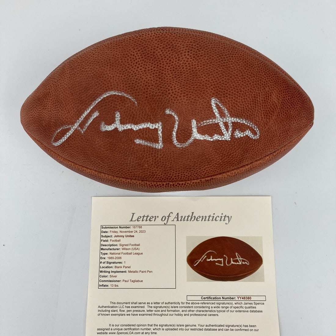 Johnny Unitas Signed Wilson NFL Football with JSA COA: Johnny Unitas Signed Wilson NFL Football with JSA COA This is an original Johnny Unitas signed Wilson Official NFL Football, perfect for collectors and fans alike. The football comes with a full lette