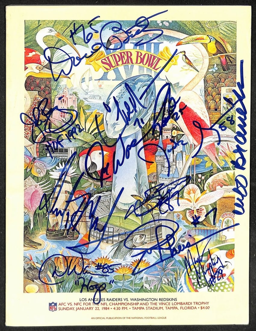 Football Program for Super Bowl XVIII signed by 11 Redskins JSA 209678 (1 of 3)