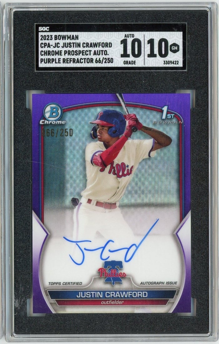Justin Crawford 2023 Bowman Purple Refractor Auto SGC 10 CPAJC /250: Justin Crawford 2023 Bowman Purple Refractor Auto SGC 10 CPAJC /250 This 2023 Bowman Justin Crawford sports trading card features a purple refractor finish and is autographed by Justin Crawford. The c