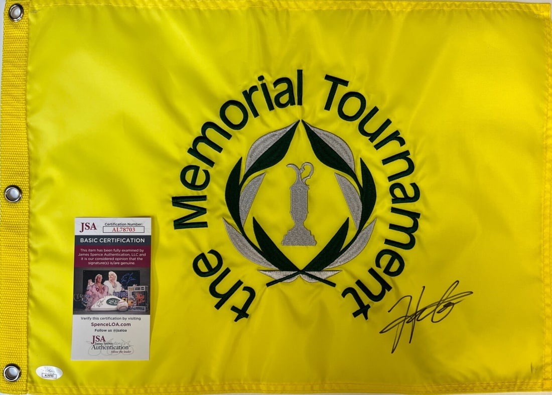 Hideki Matsuyama Signed Memorial Tournament Pin Flag JSA Authenticated: Hideki Matsuyama Signed Memorial Tournament Pin Flag JSA Authenticated This is an officially licensed The Memorial Tournament pin flag, signed by the renowned PGA golfer Hideki Matsuyama. The signatur