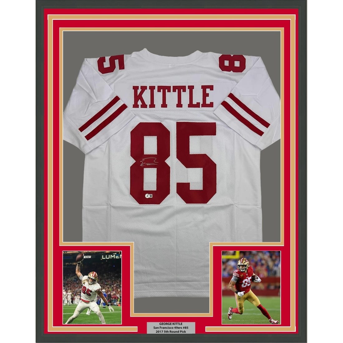 George Kittle autographed framed San Francisco 49ers white jersey 35x39 Beckett COA: George Kittle autographed framed San Francisco 49ers white jersey 35x39 Beckett COA Professionally framed and matted signed George Kittle white jersey display featuring two 5x7 photos. This pre-owned 