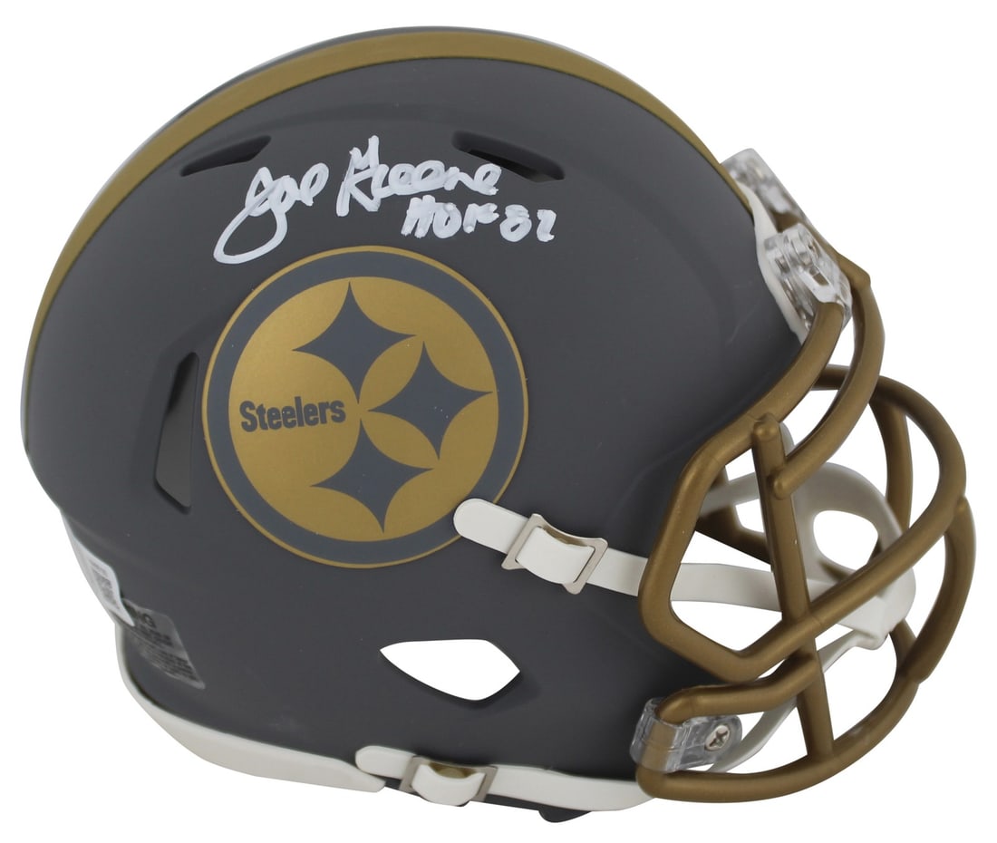 Joe Greene Signed Pittsburgh Steelers Slate Speed Mini Helmet HOF 87 BAS: Joe Greene Signed Pittsburgh Steelers Slate Speed Mini Helmet HOF 87 BAS This authentic signed mini helmet features the legendary Joe Greene of the Pittsburgh Steelers, complete with the inscription "