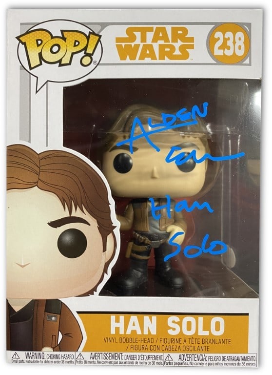 Han Solo Funko Pop Signed by Alden Ehrenreich Star Wars JSA Authenticated: Han Solo Funko Pop Signed by Alden Ehrenreich Star Wars JSA Authenticated This is a pre-owned Funko Pop! figure from Star Wars, hand-signed by Alden Ehrenreich, who portrayed Han Solo. The autograph h
