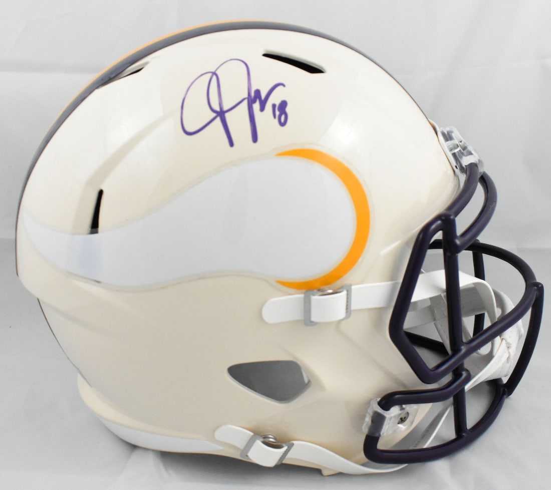 Beckett Witness Justin Jefferson Autographed Vikings Full Size Retro Helmet: Beckett Witness Justin Jefferson Autographed Vikings Full Size Retro Helmet Pre-owned full-size retro speed helmet featuring a Justin Jefferson signature and Minnesota Vikings design. Specifications I