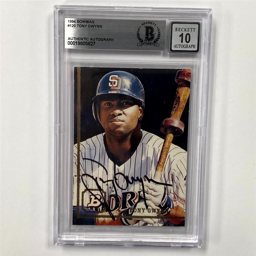 Beckett BAS 10 Tony Gwynn 1994 Bowman Padres autograph card: Beckett BAS 10 Tony Gwynn 1994 Bowman Padres autograph card This is a 1994 Bowman #120 Tony Gwynn sports trading card featuring an authentic hard-signed autograph. The card is from the base set and re