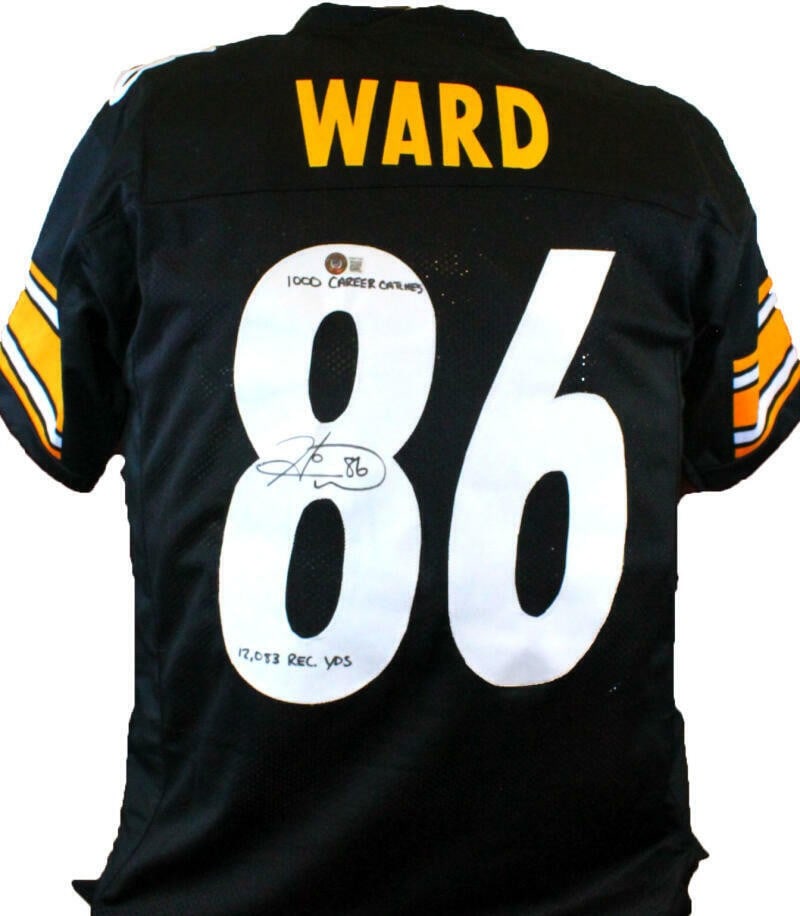 Black Hines Ward signed football jersey with 2 inscriptions Beckett hologram: Black Hines Ward signed football jersey with 2 inscriptions Beckett hologram Autographed black pro style football jersey featuring Hines Ward. The jersey is an original, pre-owned item associated with