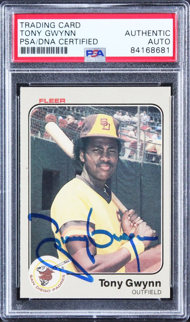 Tony Gwynn 1983 Fleer 360 rookie card autographed PSA DNA authenticated: Tony Gwynn 1983 Fleer 360 rookie card autographed PSA DNA authenticated Original 1983 Fleer #360 rookie card personally signed by Tony Gwynn of the San Diego Padres. The card is slabbed by PSA/DNA and