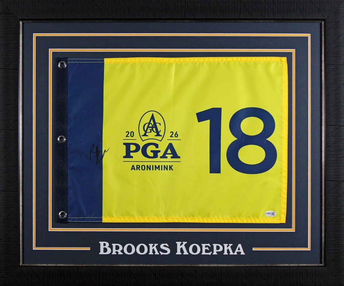 Framed Brooks Koepka Autographed 2026 PGA Championship Pin Flag JSA: Framed Brooks Koepka Autographed 2026 PGA Championship Pin Flag JSA Professionally framed 2026 PGA Championship pin flag personally signed by Brooks Koepka. This original golf collectible includes JSA