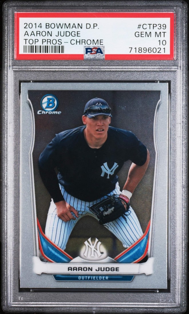 PSA 10 Aaron Judge Rookie Card 2014 Bowman Draft Picks #CTP39: PSA 10 Aaron Judge Rookie Card 2014 Bowman Draft Picks #CTP39 This is a 2014 Topps Bowman Draft Picks Aaron Judge #CTP39 rookie baseball card. The card has been professionally graded and encapsulated 