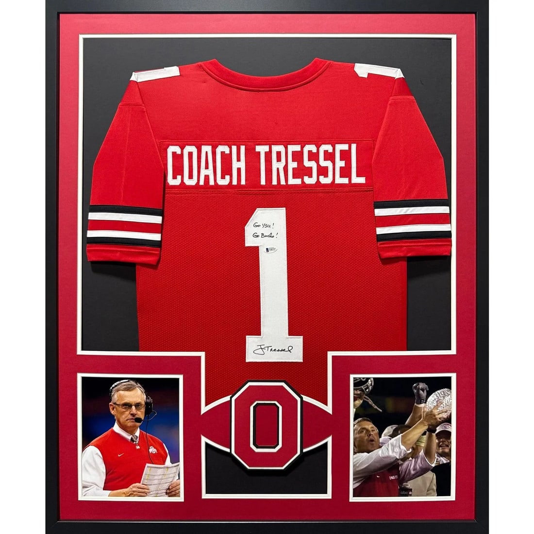 Beckett Authenticated Framed Ohio State Jersey Signed by Jim Tressel: Beckett Authenticated Framed Ohio State Jersey Signed by Jim Tressel Framed Ohio State OSU jersey signed by Jim Tressel. This pre-owned display piece is authenticated by Beckett and includes a tamper-