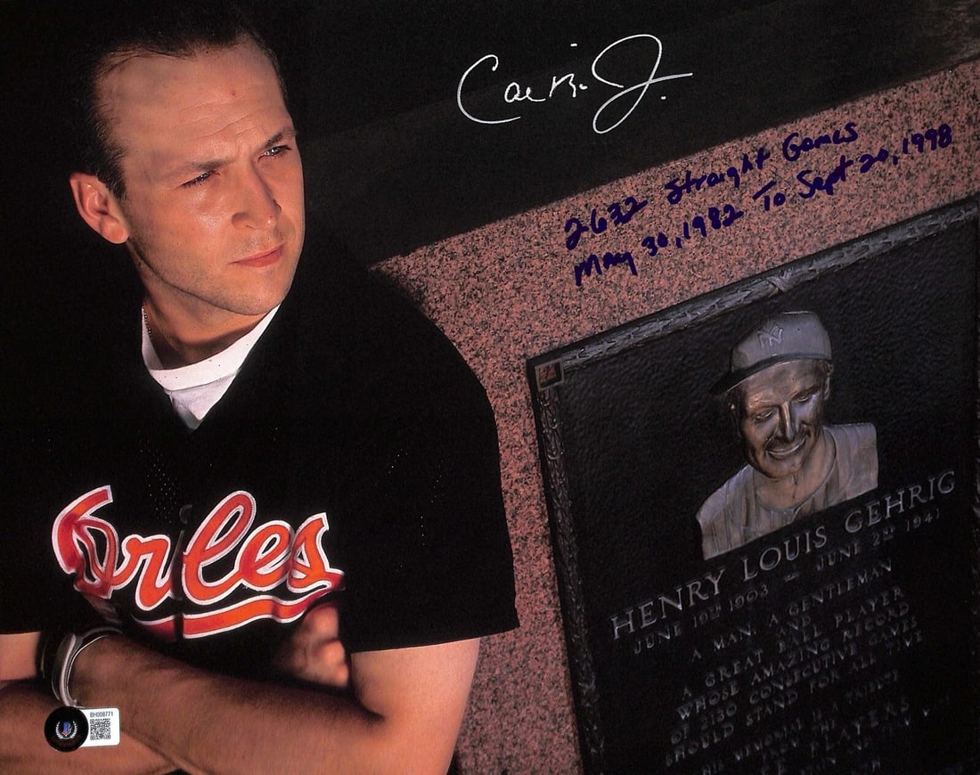 Cal Ripken Jr. Signed 11x14 Photo Beckett Authenticated Inscribed 2632 Games: Cal Ripken Jr. Signed 11x14 Photo Beckett Authenticated Inscribed 2632 Games This is an autographed 11x14 photograph of Hall of Famer Cal Ripken Jr., featuring his signature in silver permanent marker
