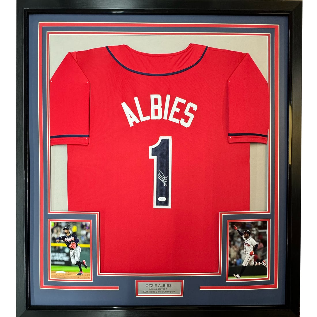 Framed Signed Ozzie Albies Atlanta Braves Jersey with JSA COA 35x39: Framed Signed Ozzie Albies Atlanta Braves Jersey with JSA COA 35x39 Celebrate your love for baseball with this stunning framed autographed Ozzie Albies Atlanta Braves jersey. This original 35x39 inch 