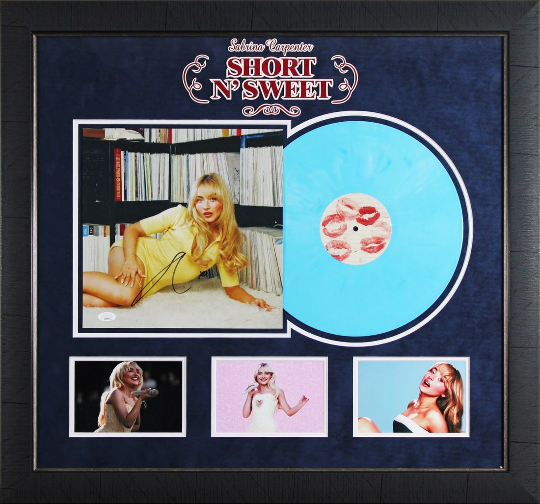 Framed Sabrina Carpenter Short N' Sweet Album Flat with Vinyl JSA: Framed Sabrina Carpenter Short N' Sweet Album Flat with Vinyl JSA Framed album flat for Sabrina Carpenter's Short N' Sweet, personally signed by Sabrina Carpenter and accompanied by JSA authentication