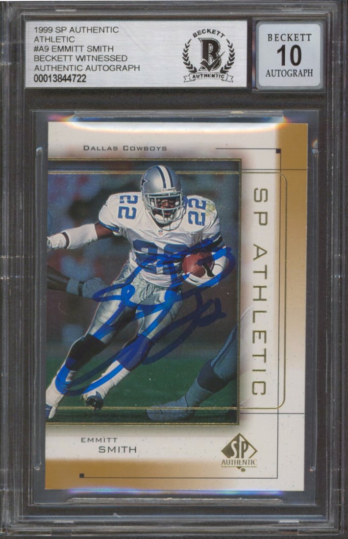 Emmitt Smith Signed 1999 SP Authentic Athletic A9 Card Gem Mint 10 Beckett Slabbed: Emmitt Smith Signed 1999 SP Authentic Athletic A9 Card Gem Mint 10 Beckett Slabbed This collectible features a 1999 SP Authentic Athletic #A9 card personally signed by NFL legend Emmitt Smith of the D